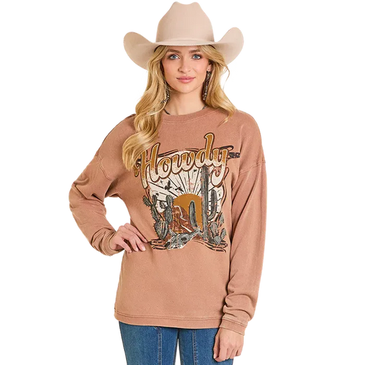 Rock & Roll Women's Howdy Graphic Pullover - Brown