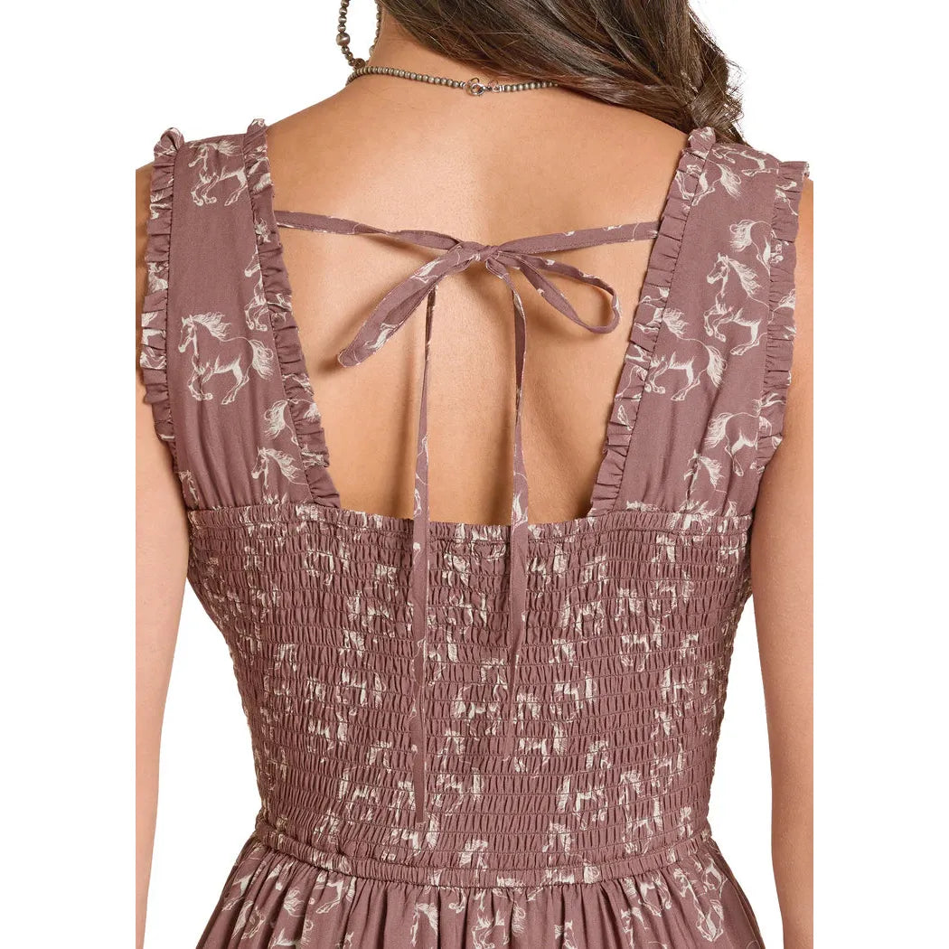 Rock & Roll Women's Horse Print Tiered Dress - Mahogany