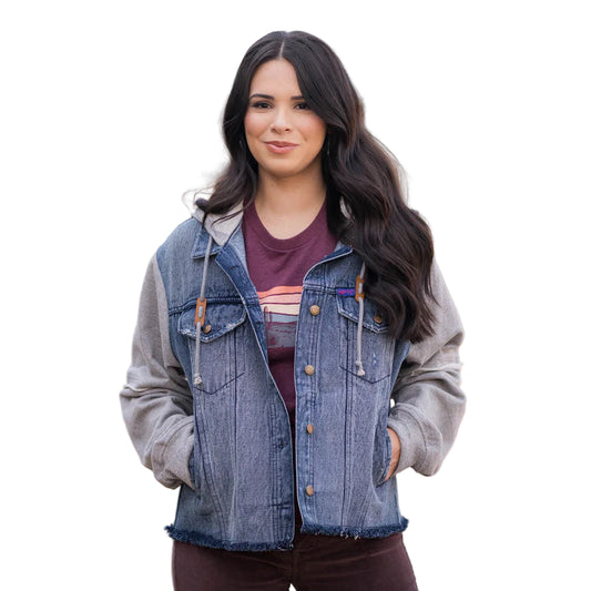 STS Ladies Cassie Jo Denim Jacket with Grey Knit Sleeves - Blue/Grey