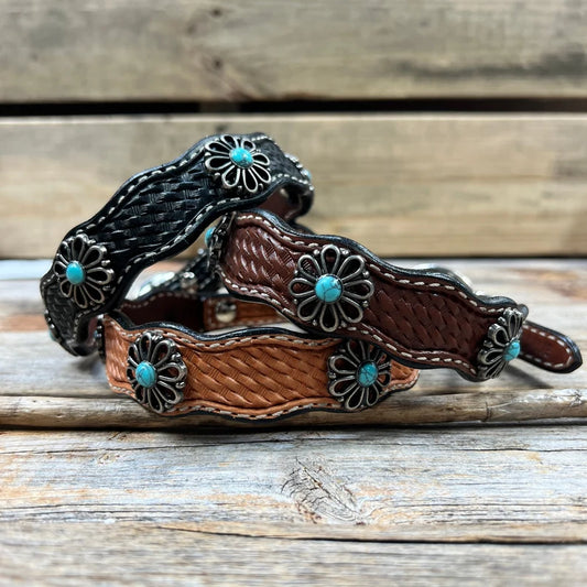 Rodeo Drive Leather with Turquoise Flower Conchos Dog Collar - Medium Oil Leather
