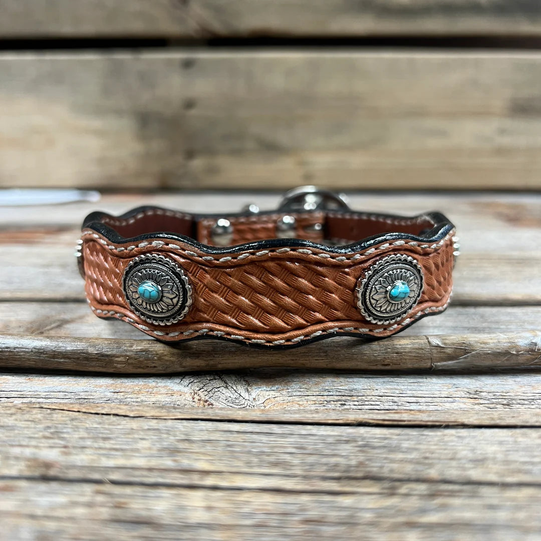 Rodeo Drive Leather with Antique Silver Oval Conchos Dog Collar - Medium Oil Leather - Irvine Tack & Western Wear