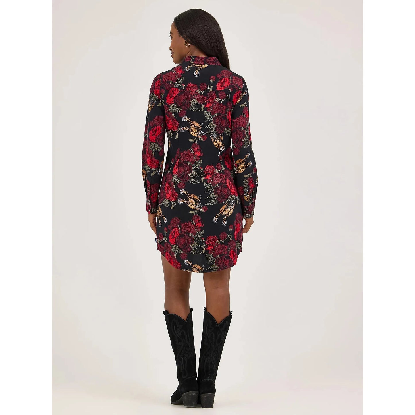 Wrangler Women's Floral Western Snap Long Sleeve Dress- Black