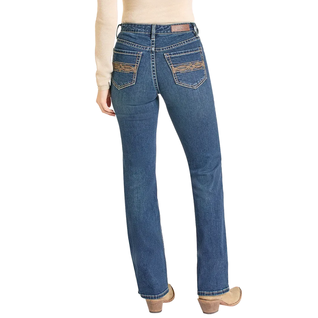 Rock & Roll Women's Pleather Embroidered Mid Rise Boot Cut Jeans - Dark Wash - Irvine Tack & Western Wear