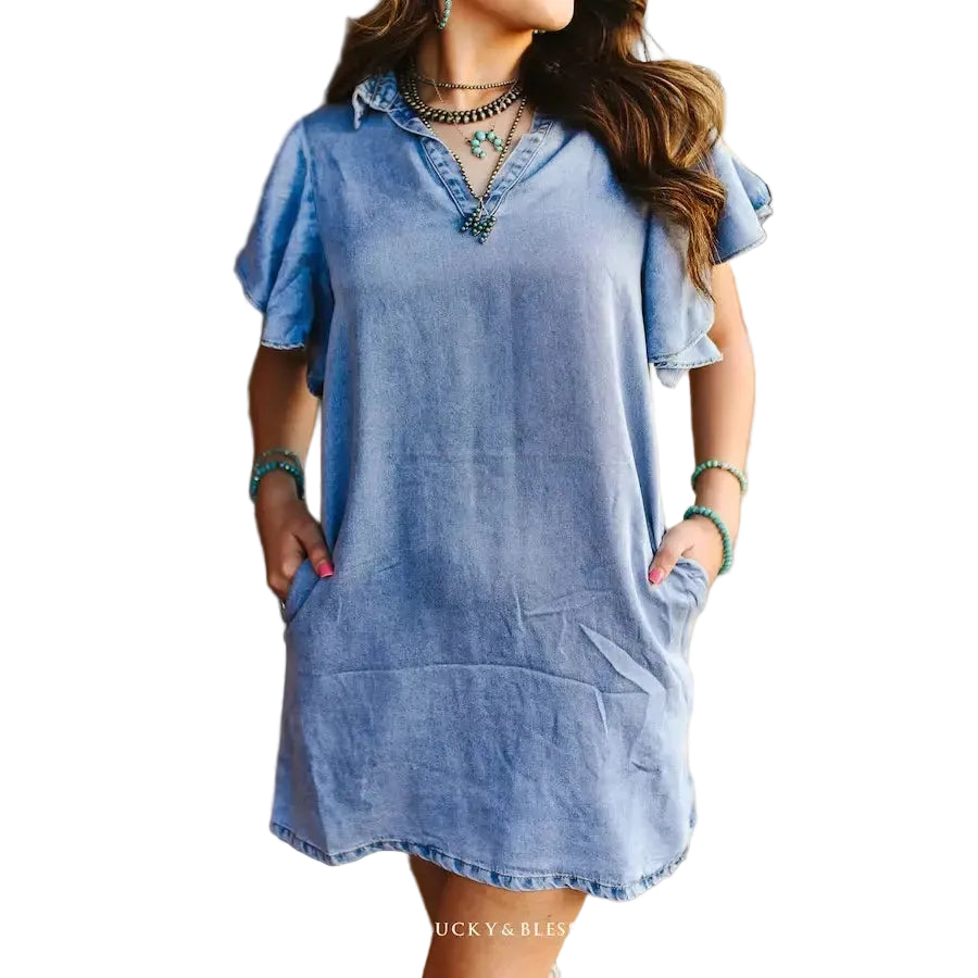 Lucky & Blessed Women's Ruffle Stretch w Bolero Concho Denim Dress - Light Wash