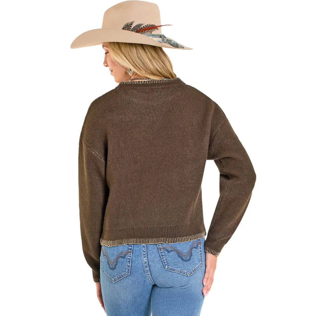 Rock & Roll Women's Blanket Stitch Horse Rider Long Sleeve Sweater - Brown