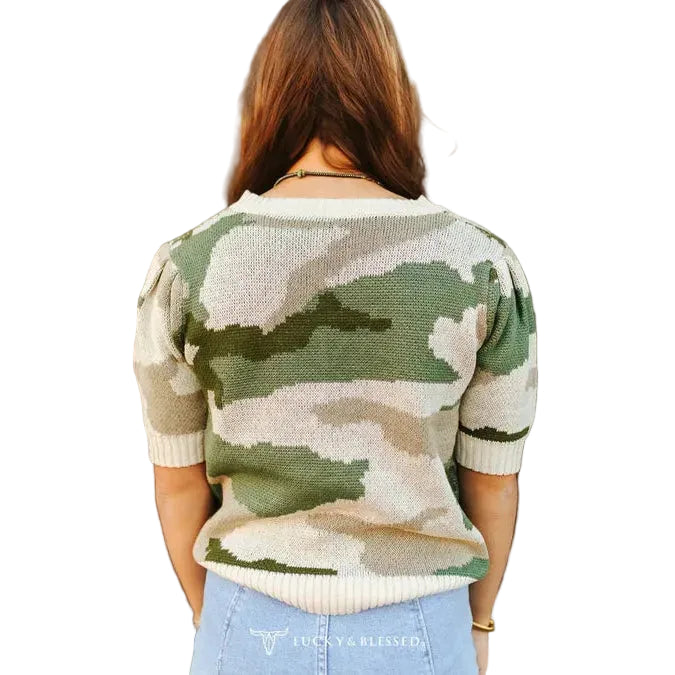 Lucky & Blessed Women's Cable Knit Puff Sleeve Sweater Top - Camo