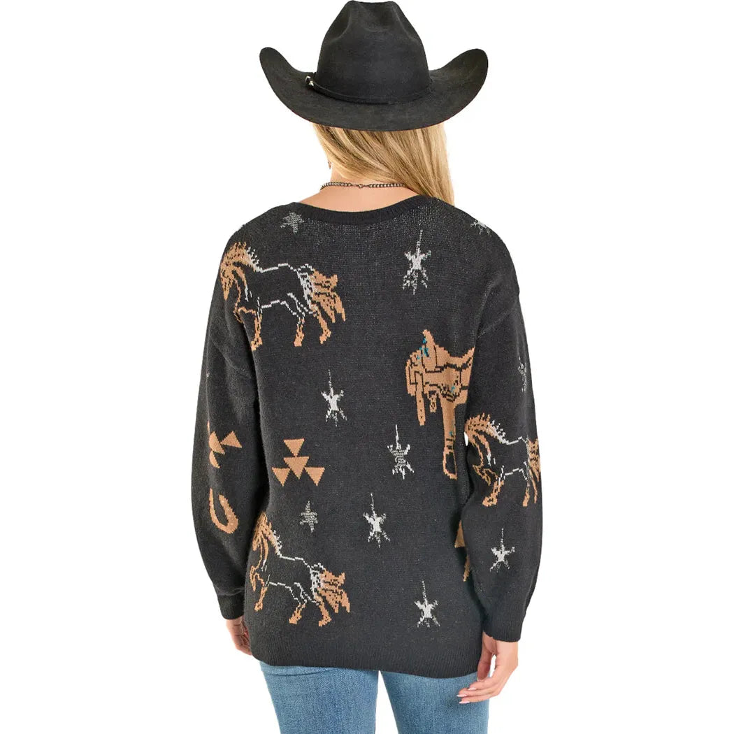 Rock & Roll Women's Long Sleeve Lurex Saddle Up Conversational Sweater - Black
