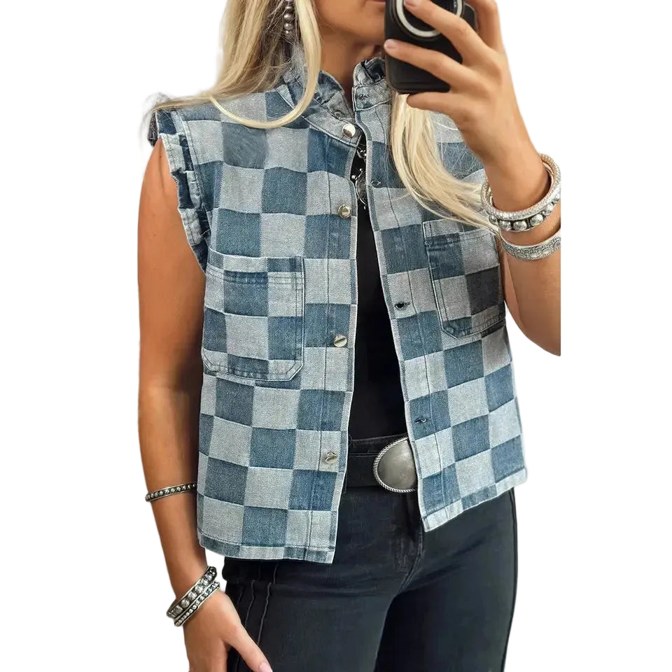 66 Disco c/o Faire Women's Denim Checkered Ruffle Trim Button Down Vest - Blue - Irvine Tack & Western Wear