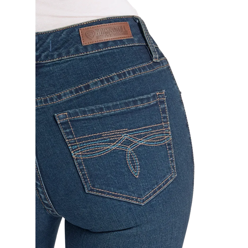 Rock & Roll Women's Turquoise Boot Stitch Embroidered Bootcut Jeans - Dark Wash