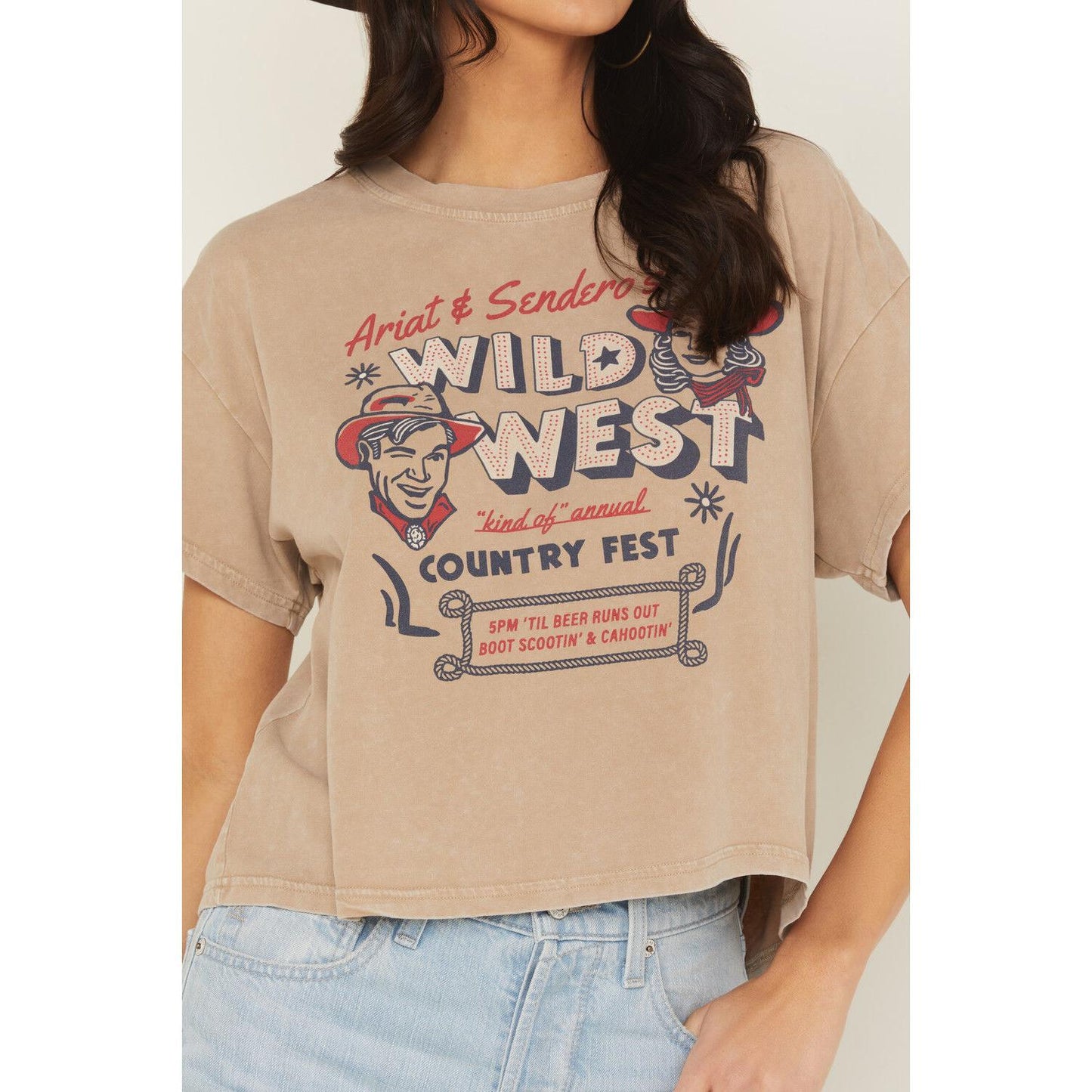 Ariat Women's Short Sleeve Sendero x Wild West Country Fest Tee Shirt- Tan Mineral Wash