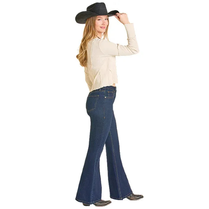 Rock & Roll Women's Pin Tuck Flare High Rise Jeans - Dark Vintage - Irvine Tack & Western Wear