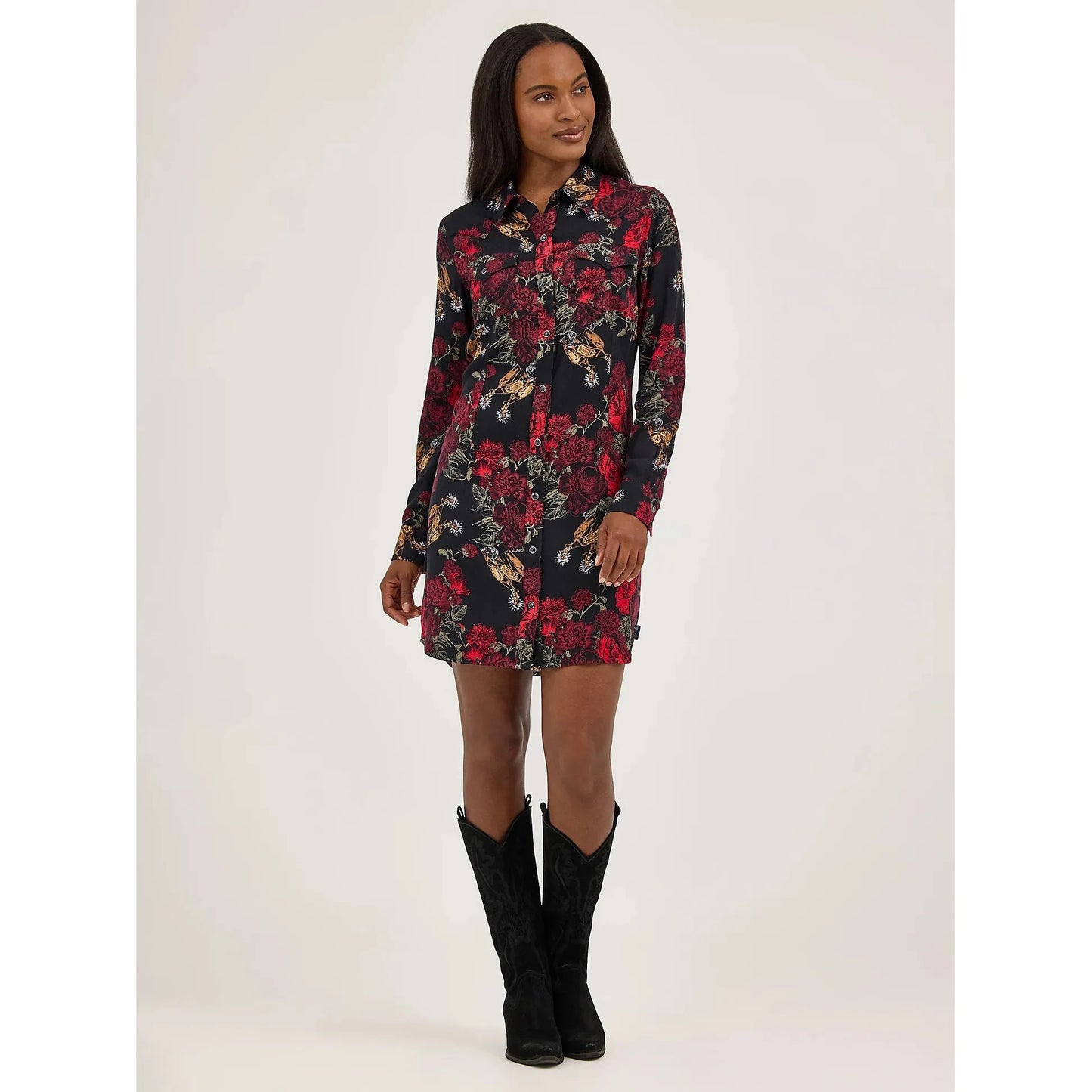 Wrangler Women's Floral Western Snap Long Sleeve Dress- Black