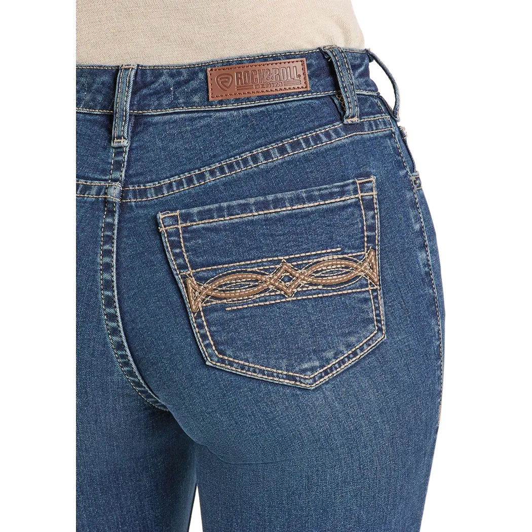 Rock & Roll Women's Pleather Embroidered Mid Rise Boot Cut Jeans - Dark Wash - Irvine Tack & Western Wear