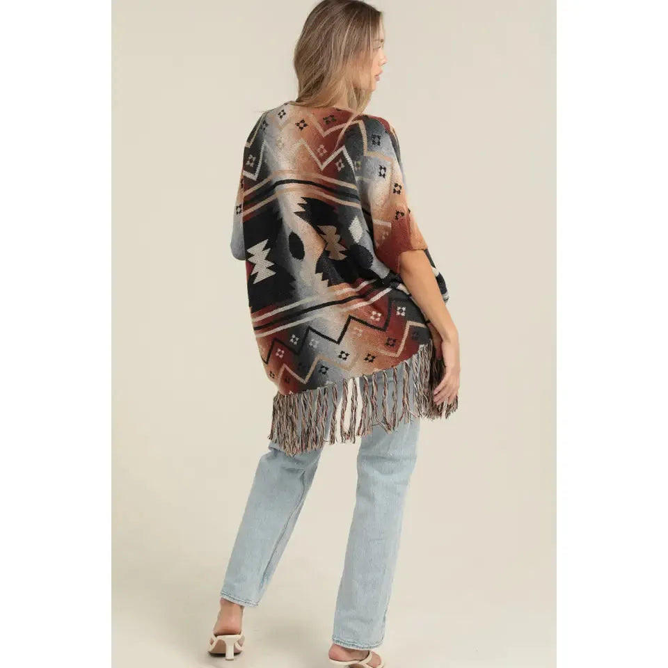 Angie Women's Aztec Fringe Hem Cardigan Kimono Sweater - California
