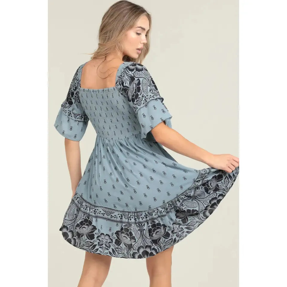 Angie Twist Front Hi Lo Ruffle Sleeve Dress - Blue