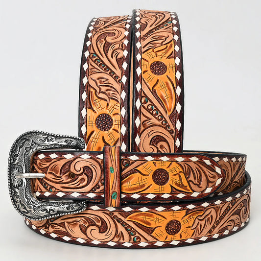 American Darling Leather Tooled Western Belt with Sunflower Accents & Whipstitch Edge