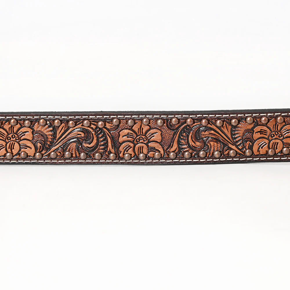 Bar H Hand Tooled Western Premium Leather Unisex Belt - Brown