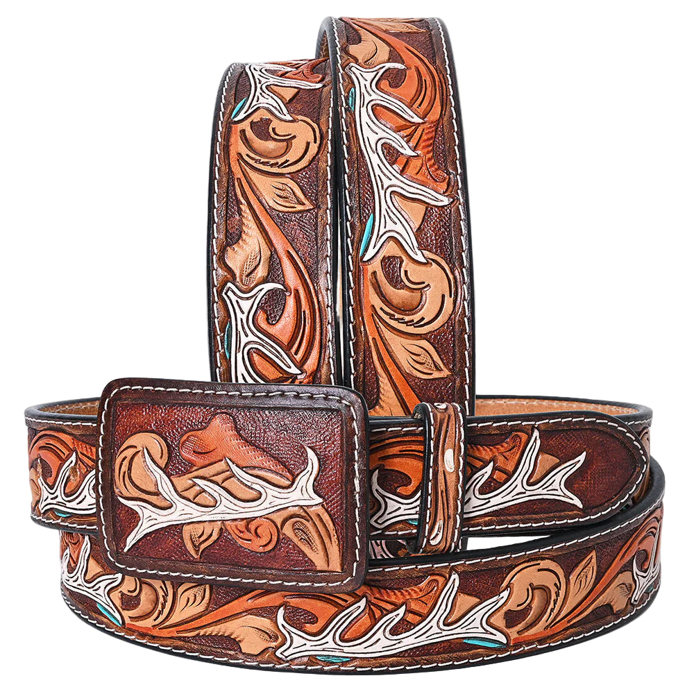 American Darling Tooled Leather Western Belt - White Antler & Scroll Floral Design - Brown