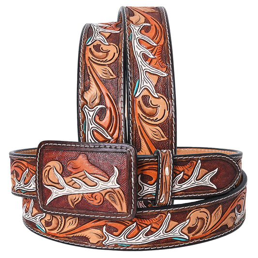 American Darling Tooled Leather Western Belt - White Antler & Scroll Floral Design - Brown