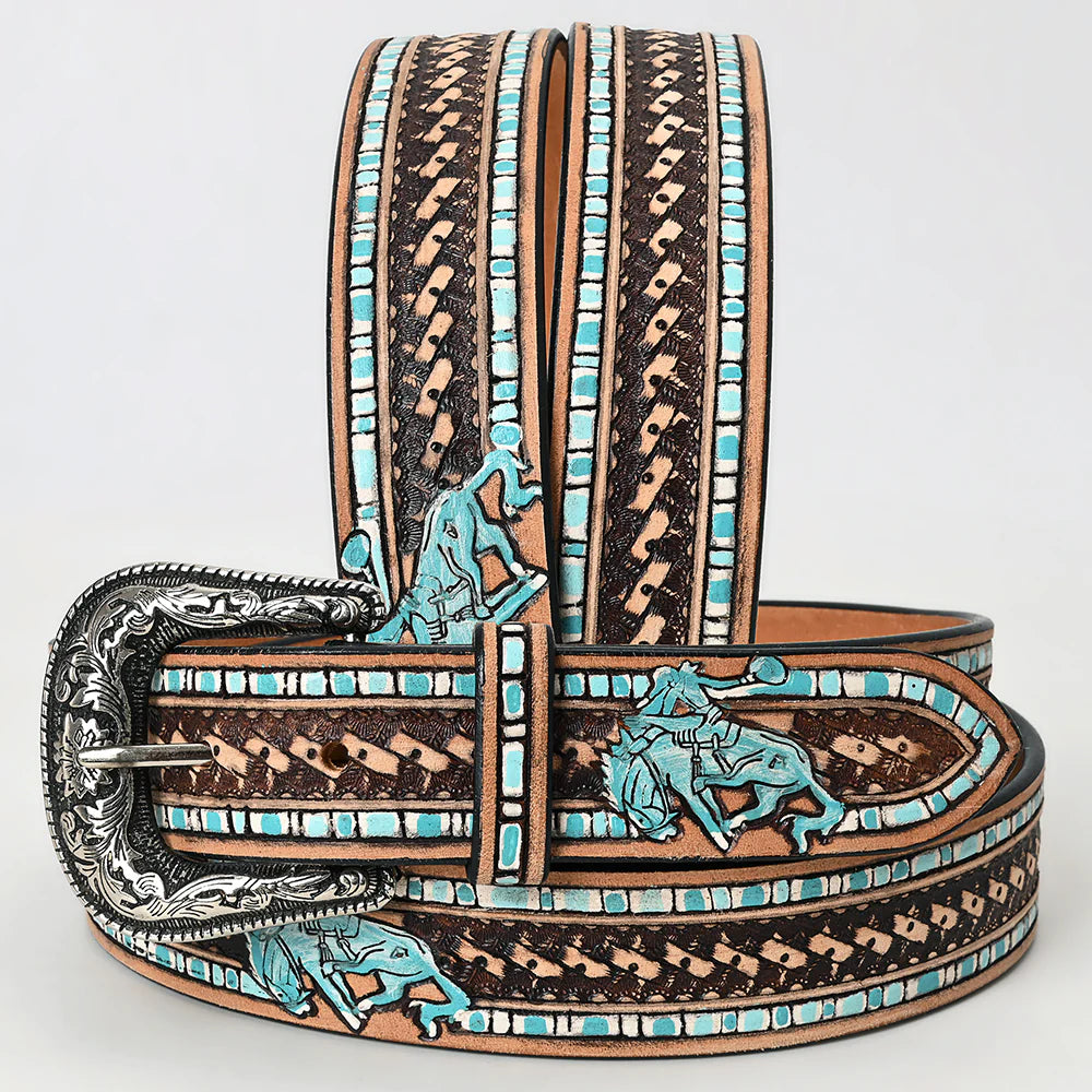 American Darling Rodeo Cowboy Hand Tooled Leather Belt with Silver Buckle - Turquoise