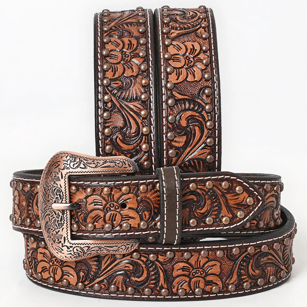 Bar H Hand Tooled Western Premium Leather Unisex Belt - Brown