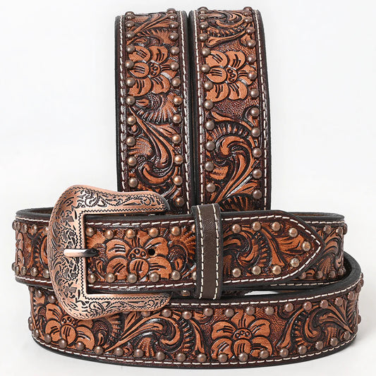 Bar H Hand Tooled Western Premium Leather Unisex Belt - Brown
