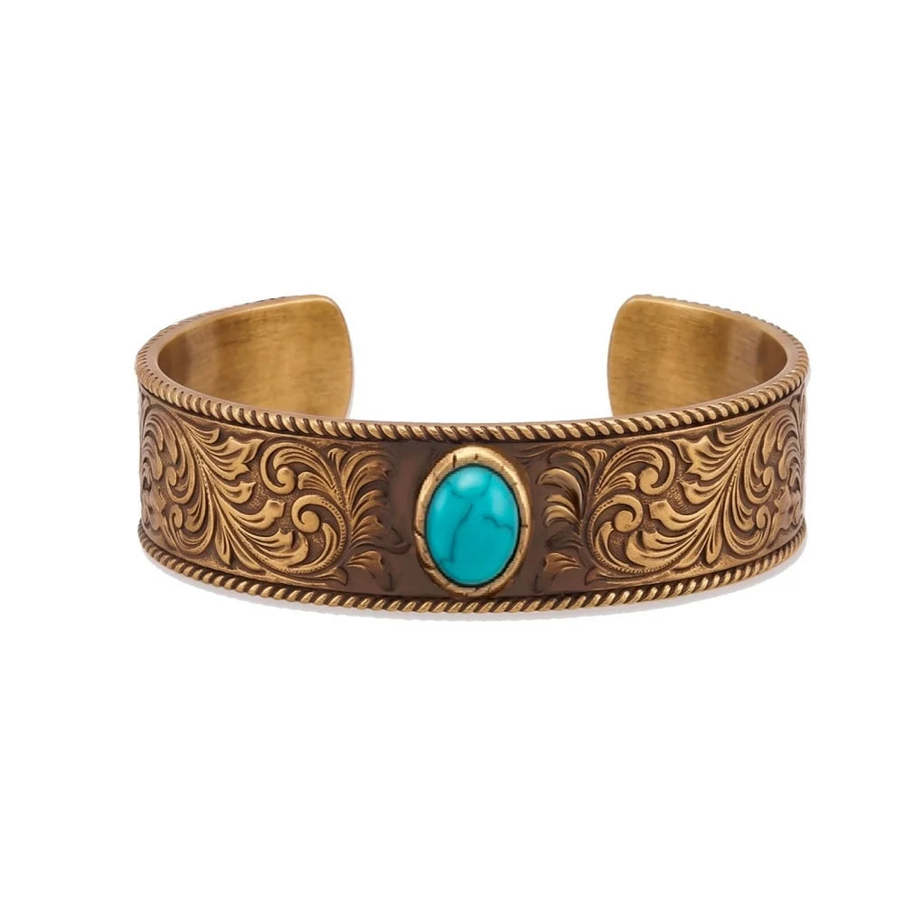 Wrangler Turquoise Engraved Cuff Bracelet- Gold