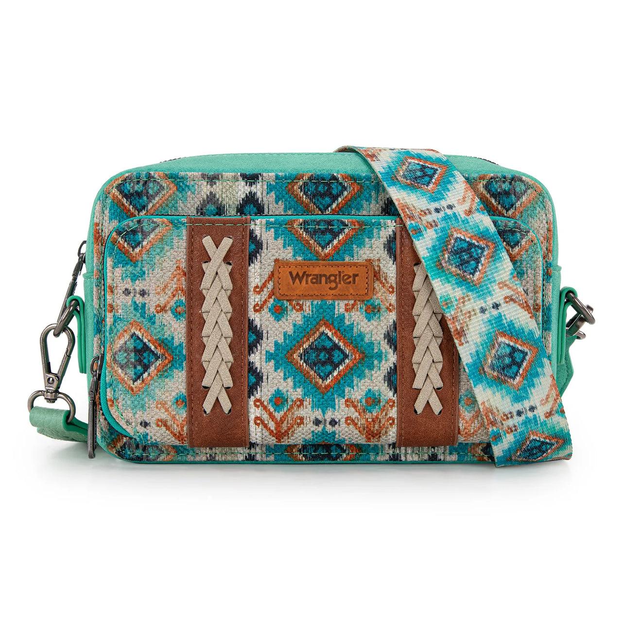 Wrangler Women's Southwestern Pattern Dual Sided Print Crossbody Purse with Wallet Compartment- Multiple Colours