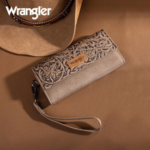 Wrangler Western Floral Tooled Trifold Wallet/Wristlet- Multiple Colors