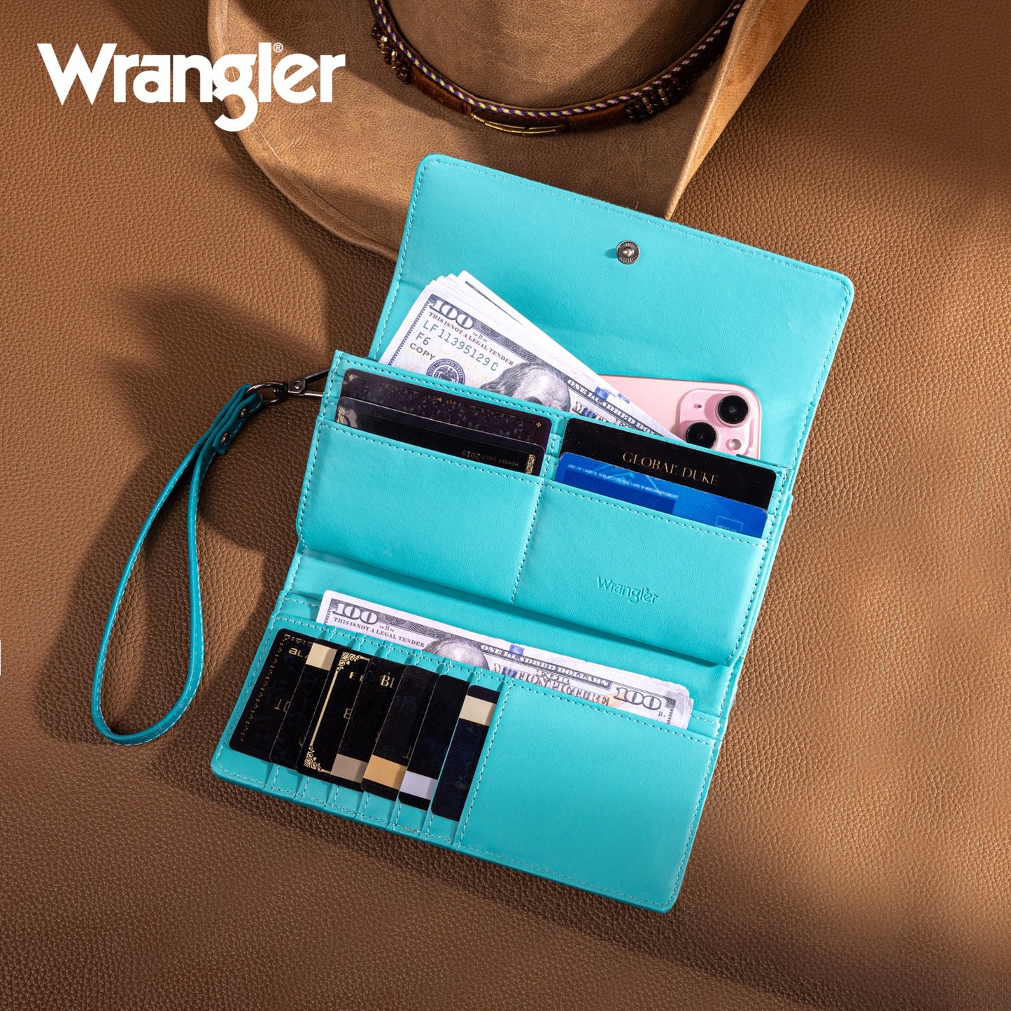 Wrangler Western Floral Tooled Trifold Wallet/Wristlet- Multiple Colors