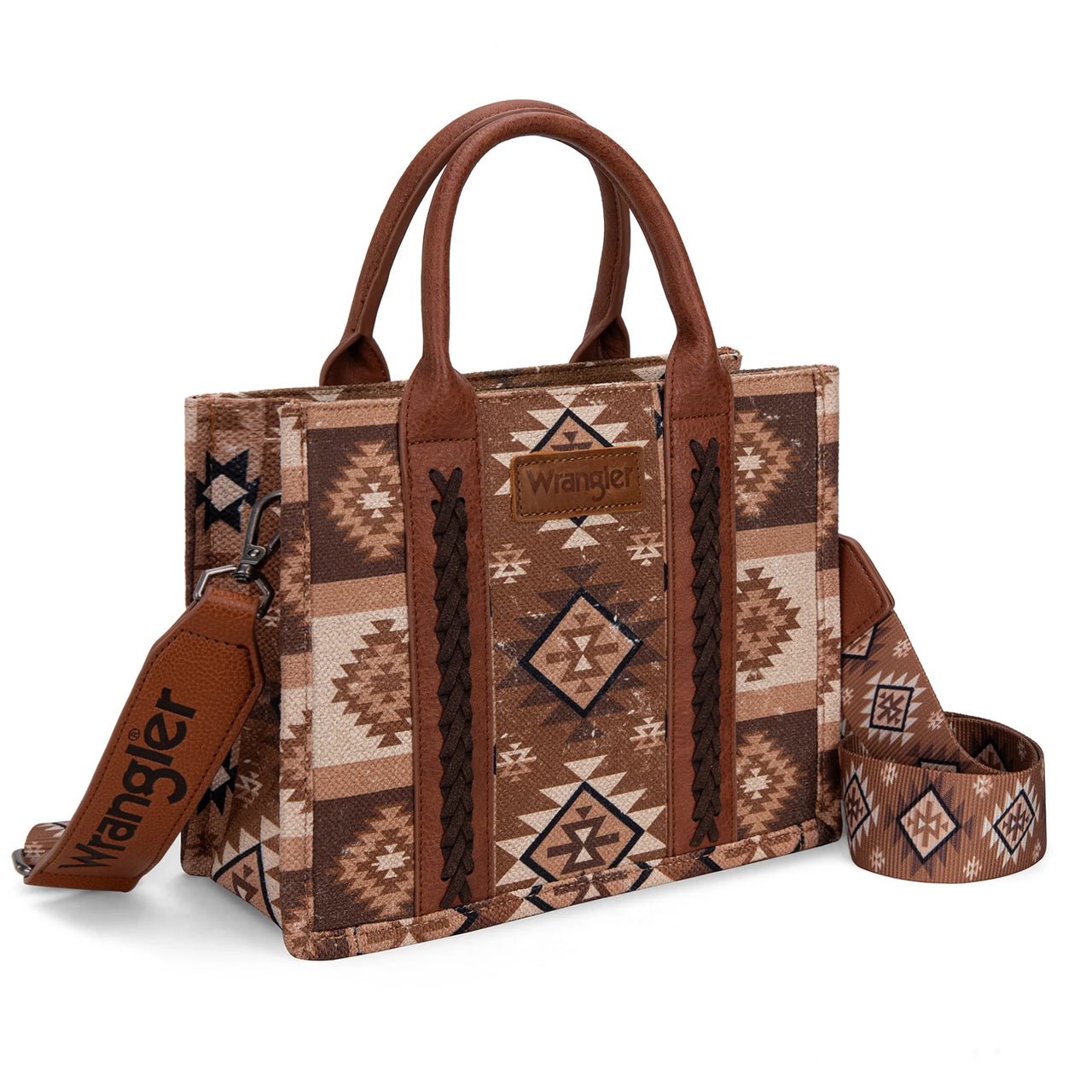 Wrangler Aztec Pattern Dual Sided Tote Crossbody Bag- Brown