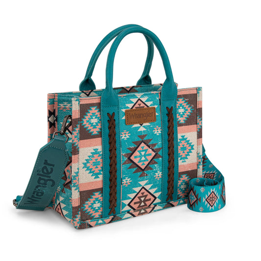 Wrangler Aztec Pattern Dual Sided Tote Crossbody Bag- Turquoise