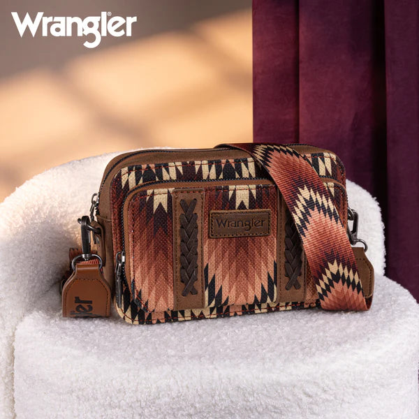 Wrangler Southwestern Pattern Dual Sided Print Crossbody Purse with Wallet Compartment