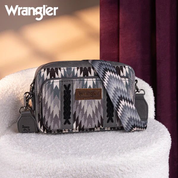 Wrangler Southwestern Pattern Dual Sided Print Crossbody Purse with Wallet Compartment