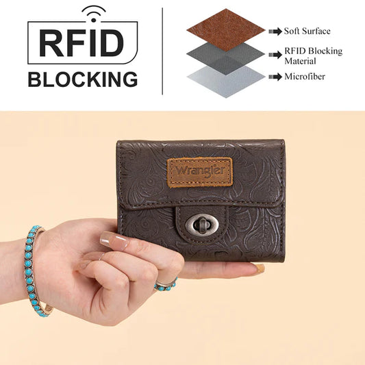 Wrangler Floral Embossed RFID Trifold Wallet- Multiple Colours