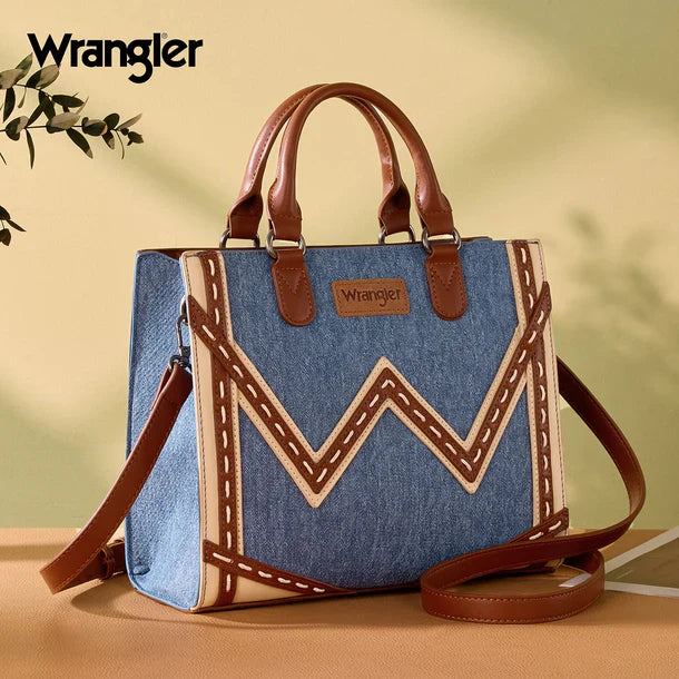 Wrangler Women's Western Contrast Stitch Chevron Denim Tote Bag- Jean