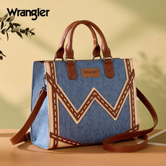Wrangler Women's Western Contrast Stitch Chevron Denim Tote Bag- Jean