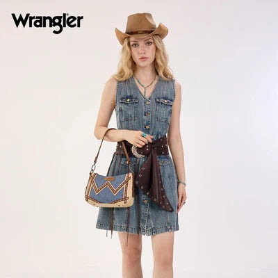 Wrangler Women's Western Contrast Stitch Chevron Denim Satchel Bag- Jean