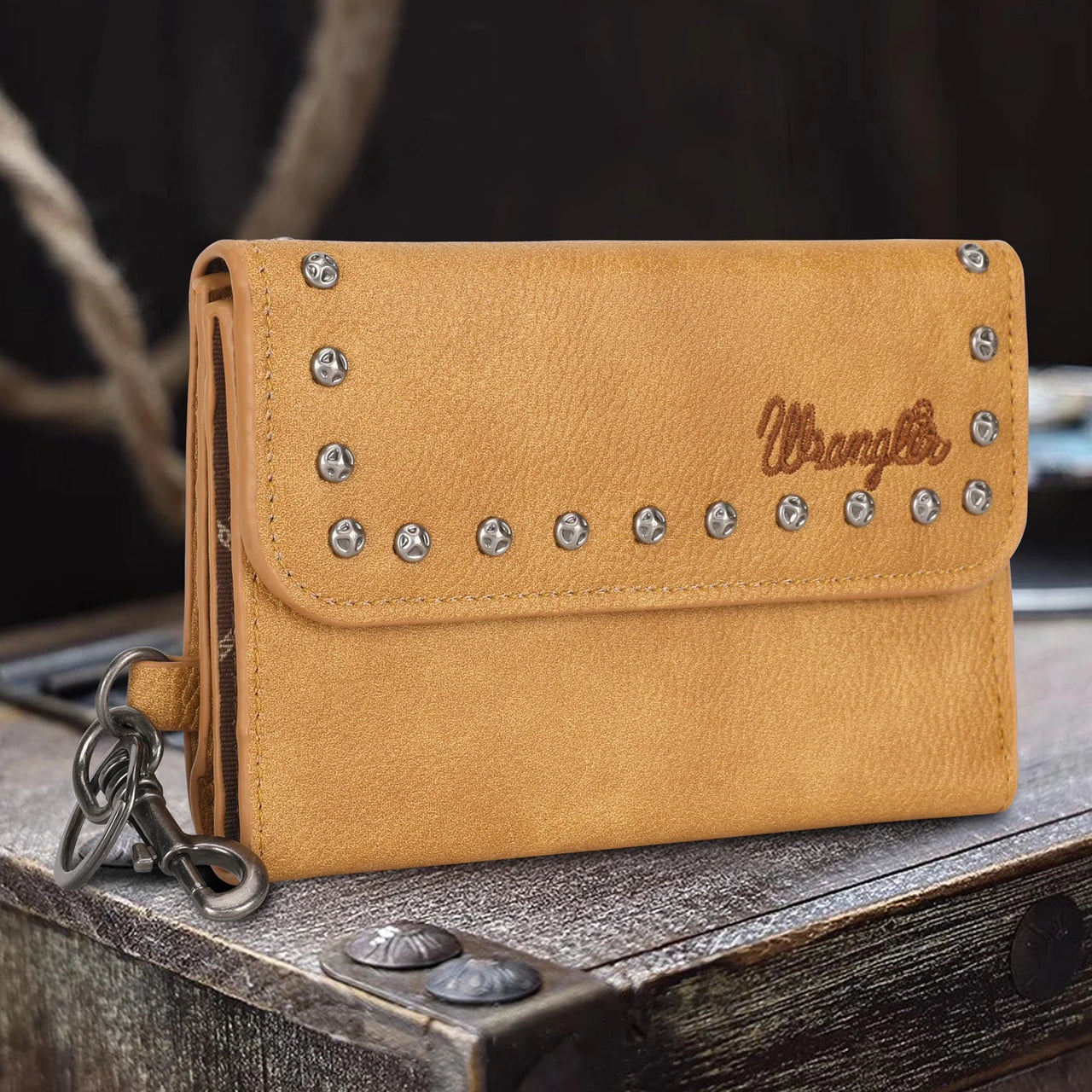 Wrangler Women's Studded Accents Tri-Fold Keychain Wallet - Light Brown