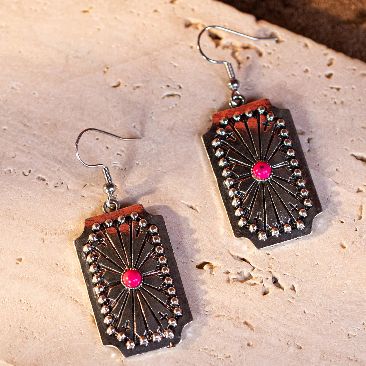 Wrangler Women's Western Beaded Sunburst Concho Dangling Earrings - Hot Pink