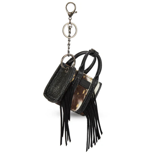 Wrangler Cowhide Mini Fringe Tote/Keychain Bag- Black