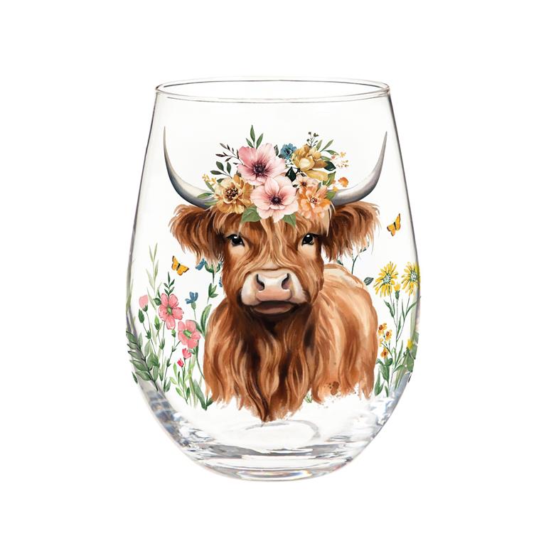 Evergreen Petal & Plow Highland Cow Stemless Wine Glass