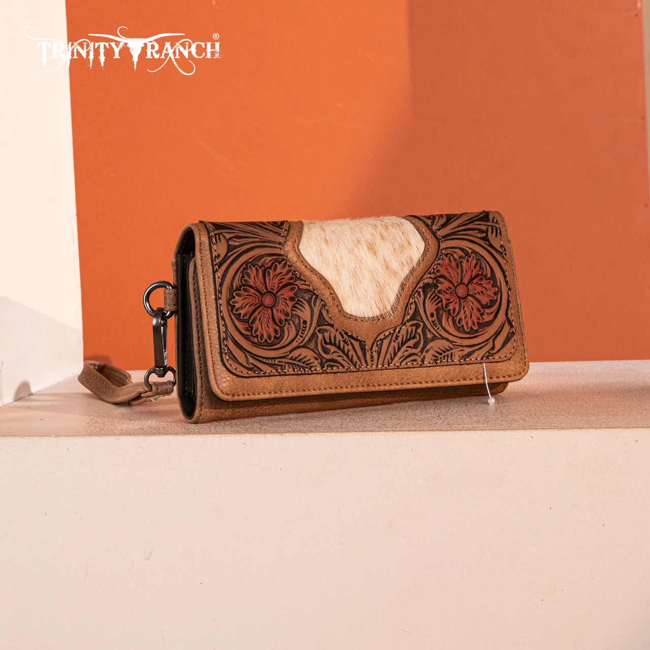 Wrangler Trinity Ranch Floral Tooled and Hair ON Cowhide Collection-Tan