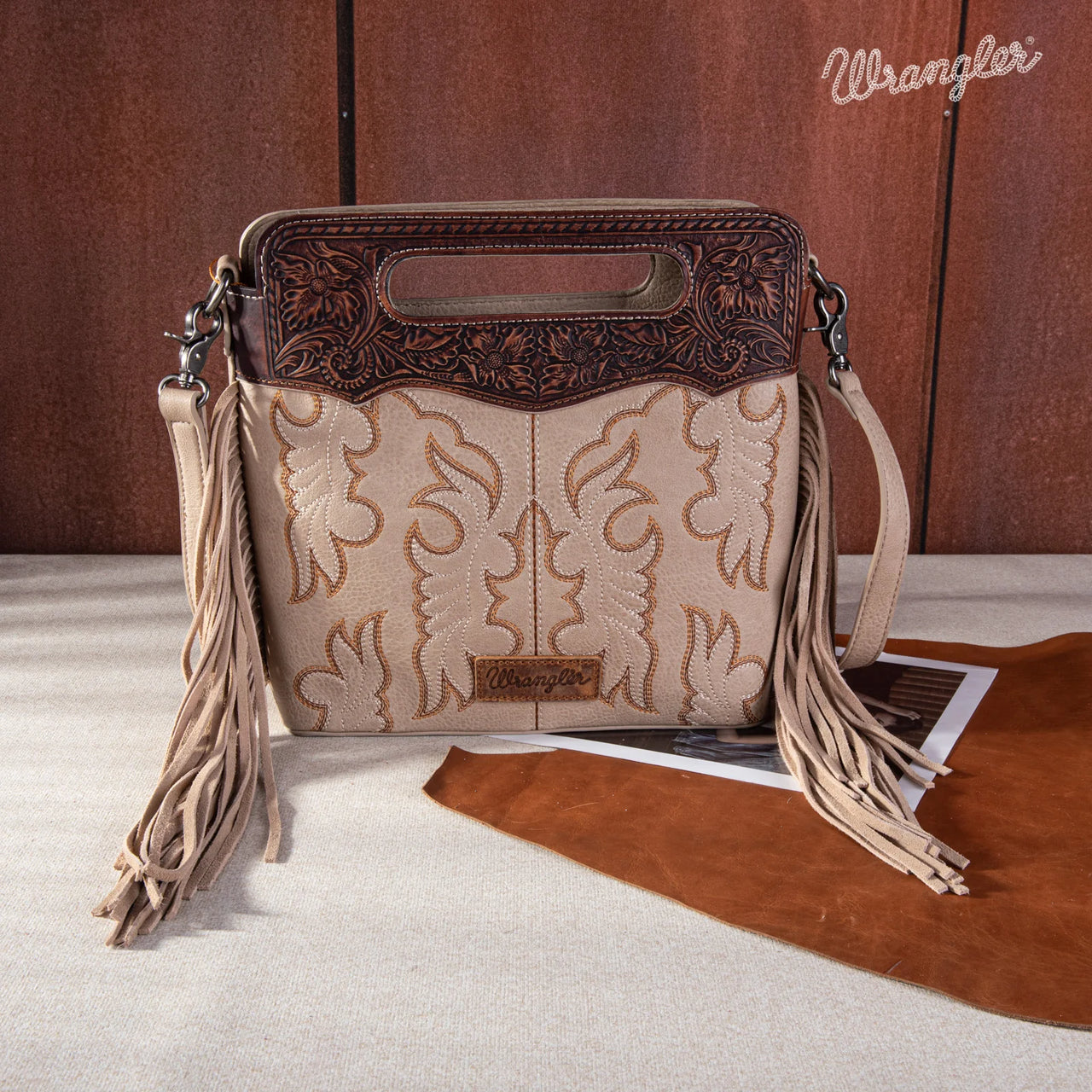 Wrangler Top Handle Leather Embroidered Fringe Purse - Multiple Colours