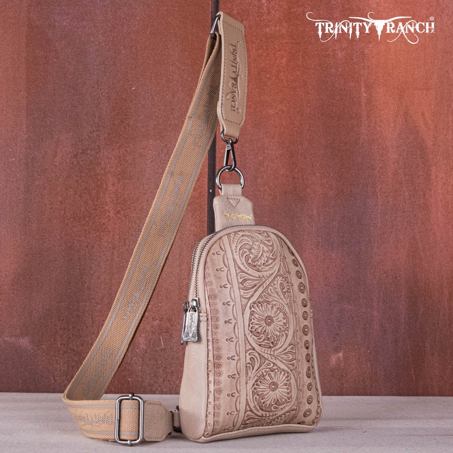 Trinity Ranch Floral Tooled Sling Bag-Tan