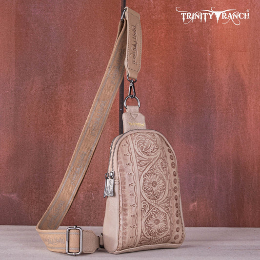 Trinity Ranch Floral Tooled Sling Bag-Tan
