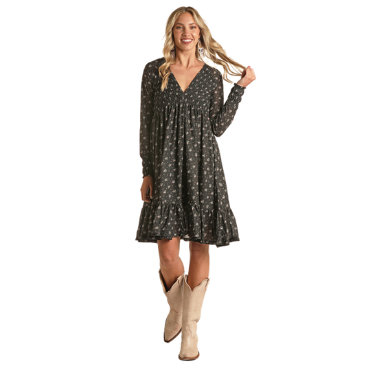 Rock & Roll Women's White Label Smocked Bodice Knit Dress - Black