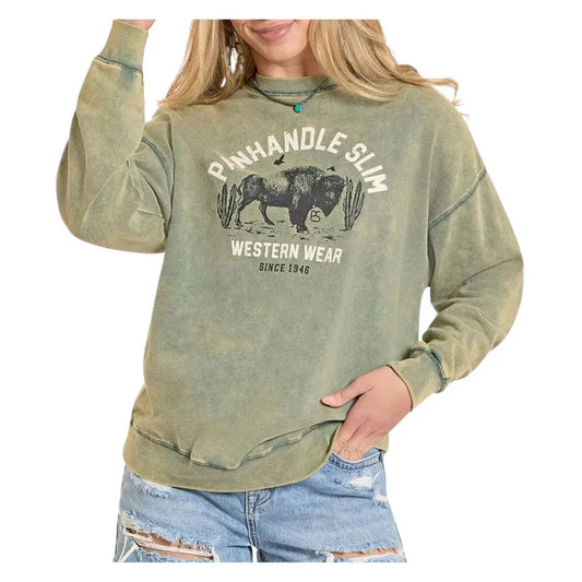 Panhandle Women's Buffalo Graphic Long Sleeve Pullover Sweatshirt - Jade