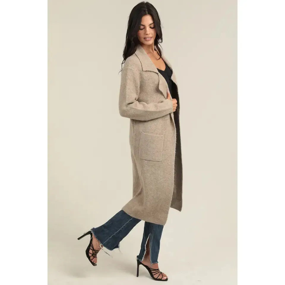 Angie Women's Long Knit Sweater Trench Cardigan - Tan