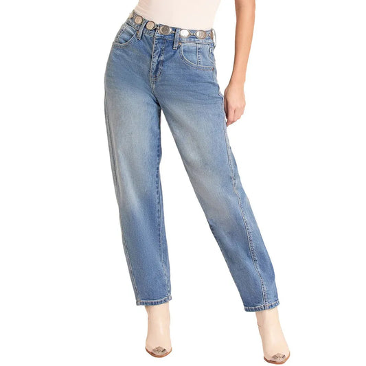 Rock & Roll Women's High Rise Seam Detail Barrel Jeans - Medium Wash